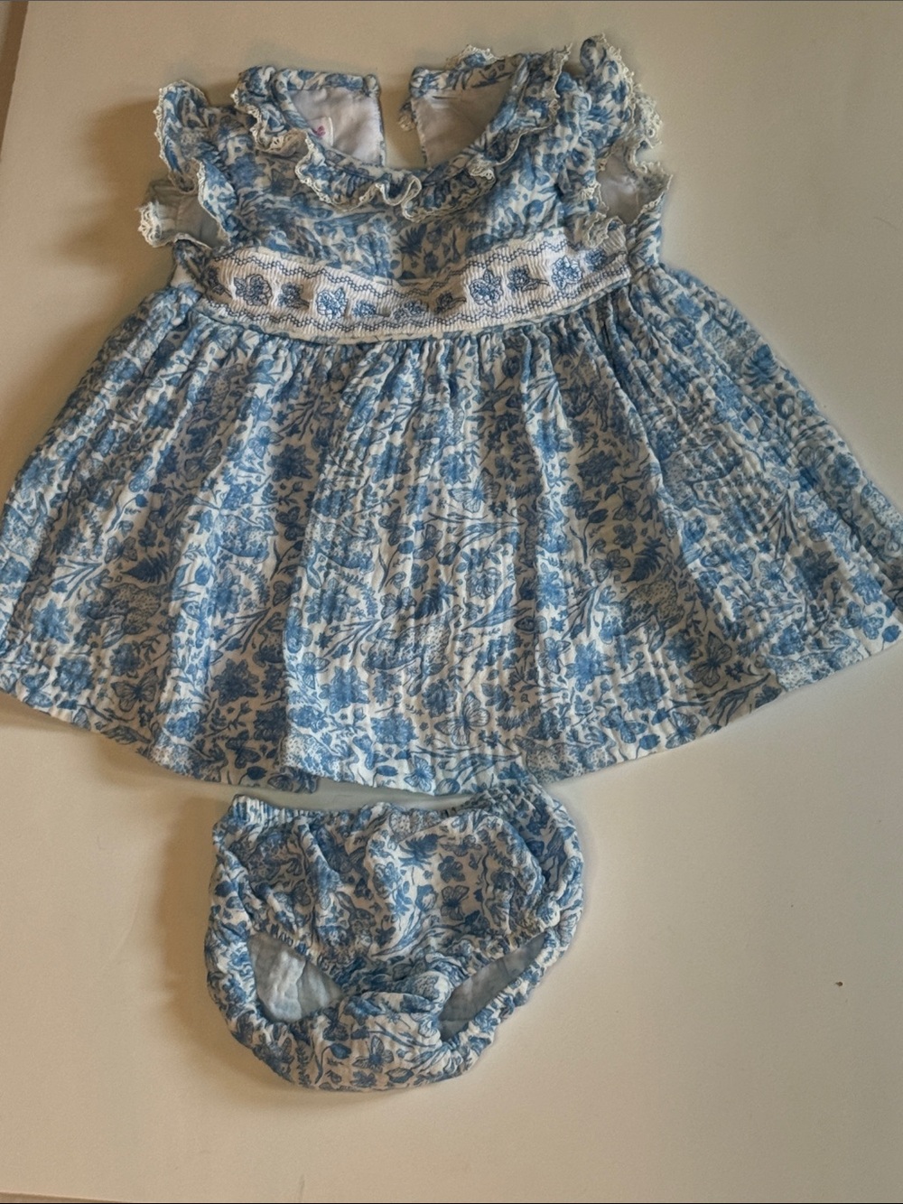 Bonnie Baby Blue and White Floral Smocked Dress with Bloomers